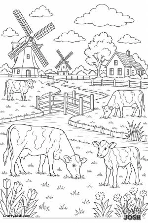 Cows grazing among windmills and canals