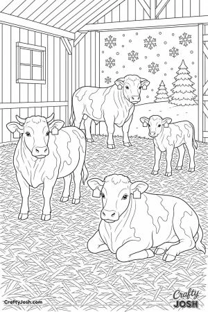Cows resting in a straw barn in winter