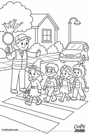 Crossing guard helping trick or treaters cross the street