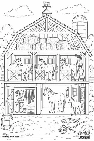 Cutaway barn with stalls a hay loft and a tack room