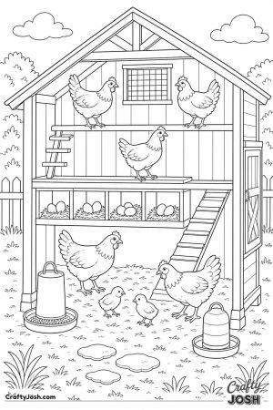 Cutaway chicken coop with nest boxes and perches