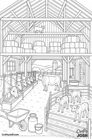 Cutaway cow barn with stalls and a hay loft