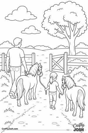 Dad and daughter leading ponies to the field