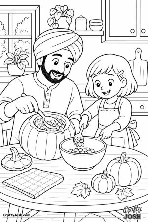 Dad and daughter scooping pumpkin seeds at the kitchen table