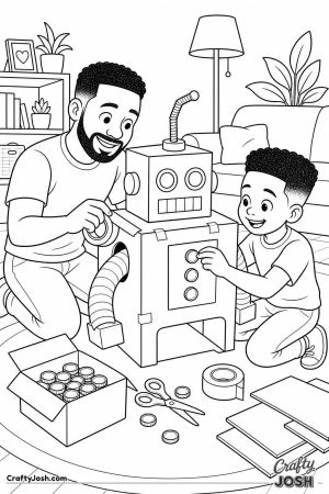 Dad and son building a cardboard robot costume
