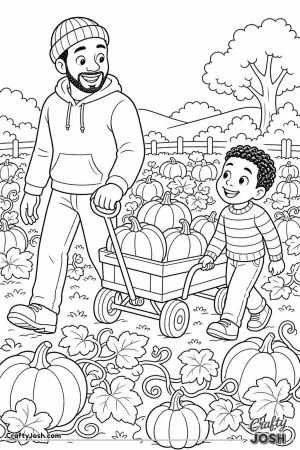 Dad and son pulling a wagon through the pumpkin patch
