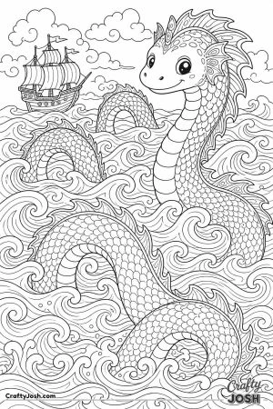 Detailed sea serpent with scales and waves