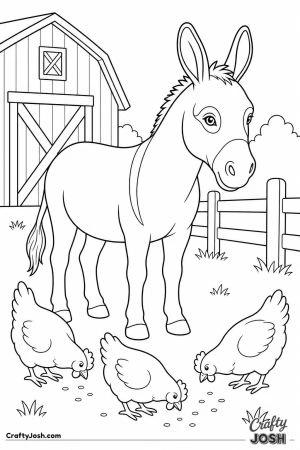 Donkey and chickens in the farmyard