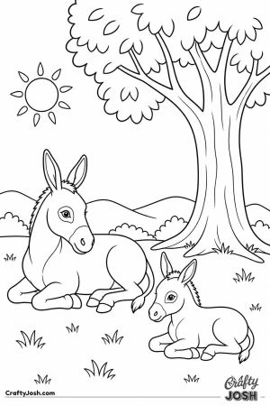 Donkey and foal under a shady tree