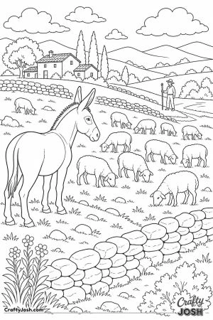 Donkey guarding sheep on a hillside