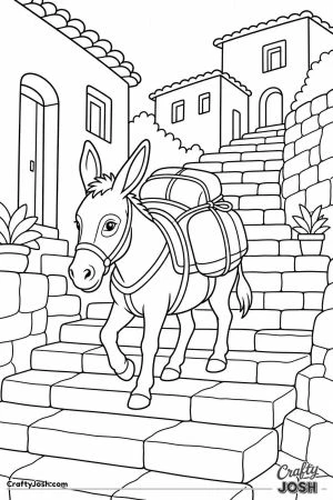 Donkey on steep village steps