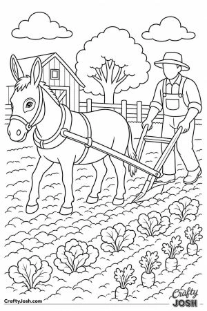 Donkey pulling a plow in a small field