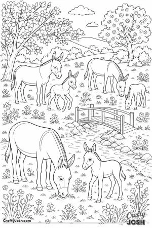 Donkeys in a spring meadow with foals