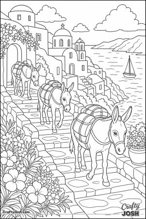 Donkeys in an island village by the sea