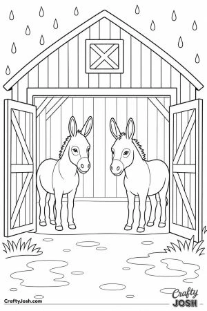 Donkeys sheltering from the rain in a barn
