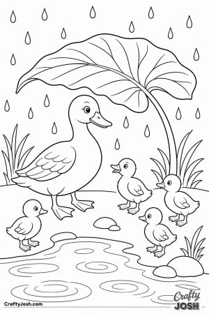 Duck and ducklings sheltering under a big leaf