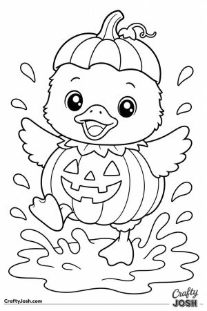 Duckling in a pumpkin costume splashing in a puddle
