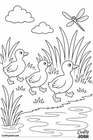 Ducklings chasing a dragonfly