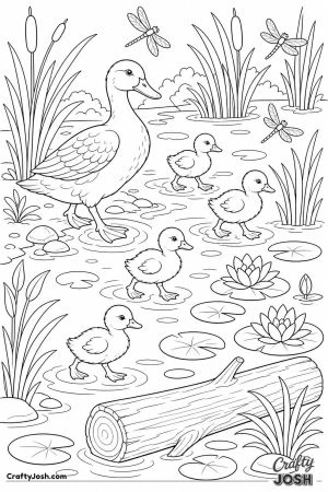 Ducklings first swim in a reedy pond