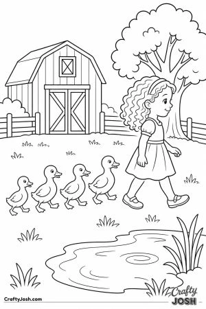 Ducklings following a girl across the yard