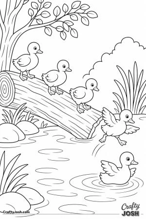 Ducklings jumping off a log into the water
