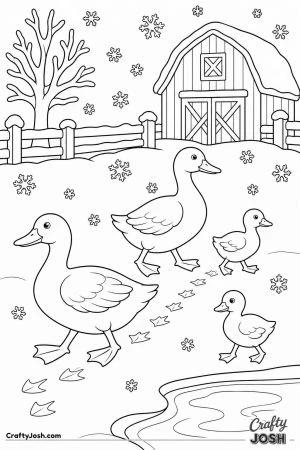 Ducks in a snowy farmyard