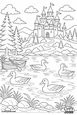 Ducks on a lake with a castle