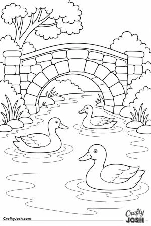 Ducks swimming under a stone bridge