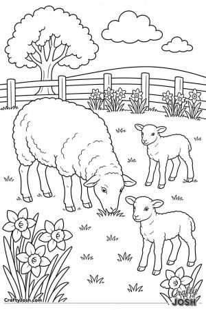 Ewe and twin lambs in a spring field