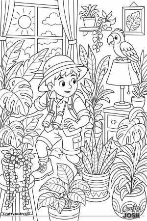Explorer costume boy in a jungle of houseplants