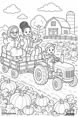 Family on a hay ride past pumpkin fields