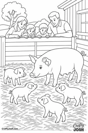 Family visiting a sow and her new piglets