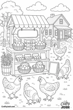 Farm egg stand with hens and baskets