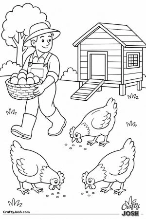 Farmer carrying a basket of eggs past the coop