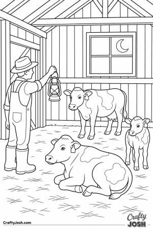 Farmer checking on the cows with a lantern