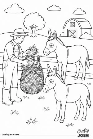 Farmer filling a hay net for donkeys