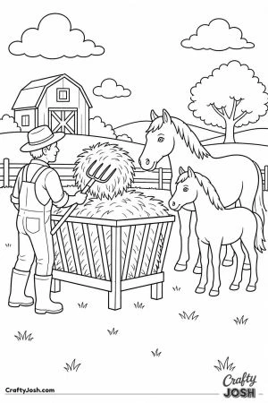 Farmer filling a hay rack for horses in a field