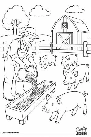 Farmer pouring feed into the pig trough