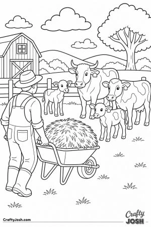 Farmer pushing a wheelbarrow of hay to the cows