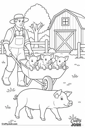 Farmer wheeling piglets in a wheelbarrow