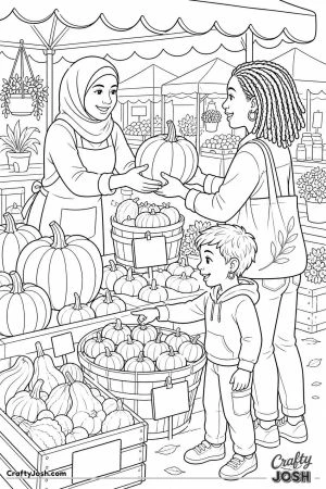 Farmers market pumpkin stall with shoppers