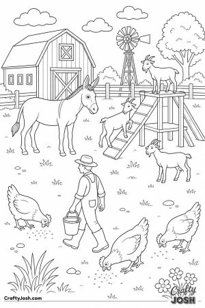 Farmyard with a donkey goats and hens
