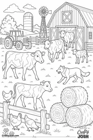 Farmyard with cows a sheepdog and a tractor