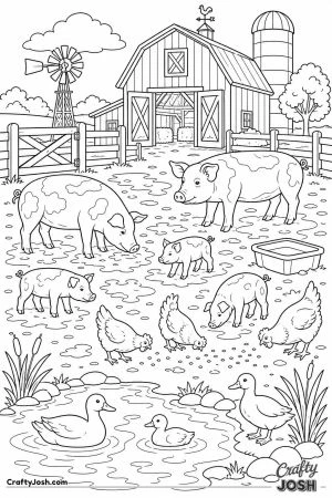 Farmyard with pigs hens and ducks