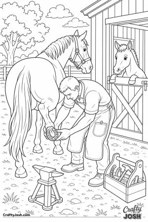 Farrier fitting a new horseshoe in the stable yard