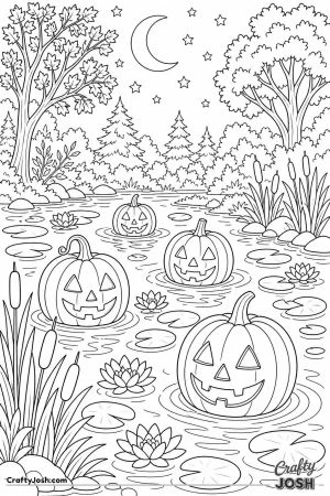 Floating jack o lanterns on a calm pond