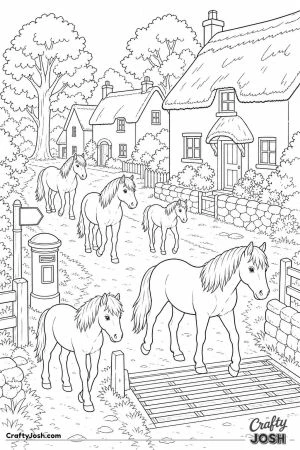Forest ponies wandering through a village street