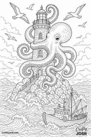 Friendly kraken hugging a lighthouse