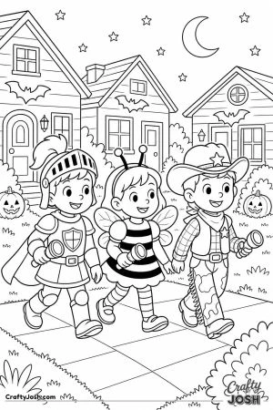 Friends trick or treating down the sidewalk with flashlights