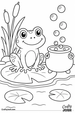 Frog sitting beside a little cauldron